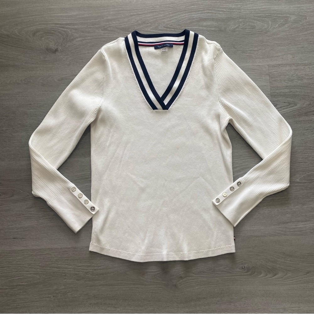 Tommy Hilfiger White V-Neck Sweater with Navy Trim